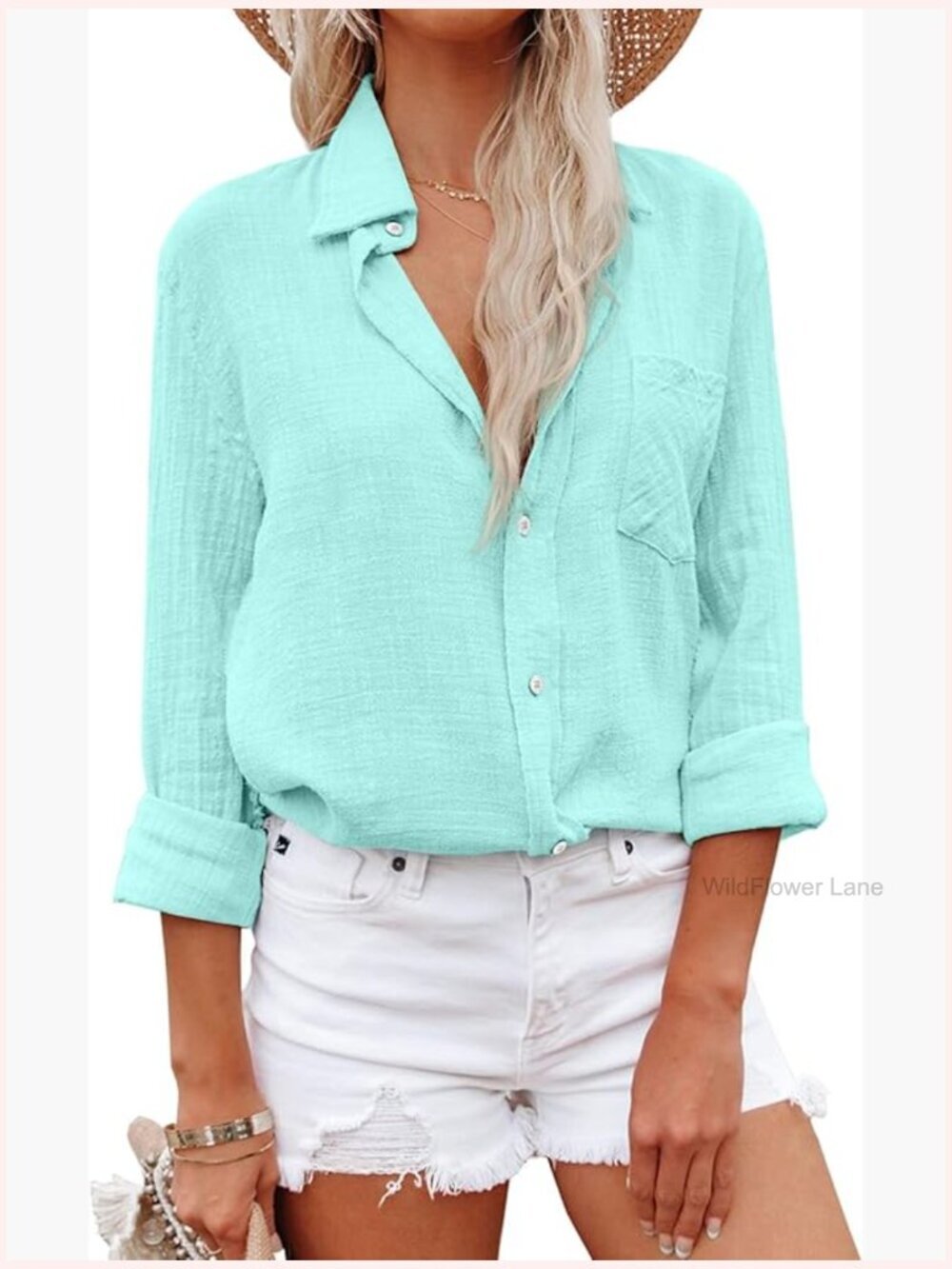 Women's Cotton Button Down Tunic Top with Pockets Long Sleeve Blouse Shirt